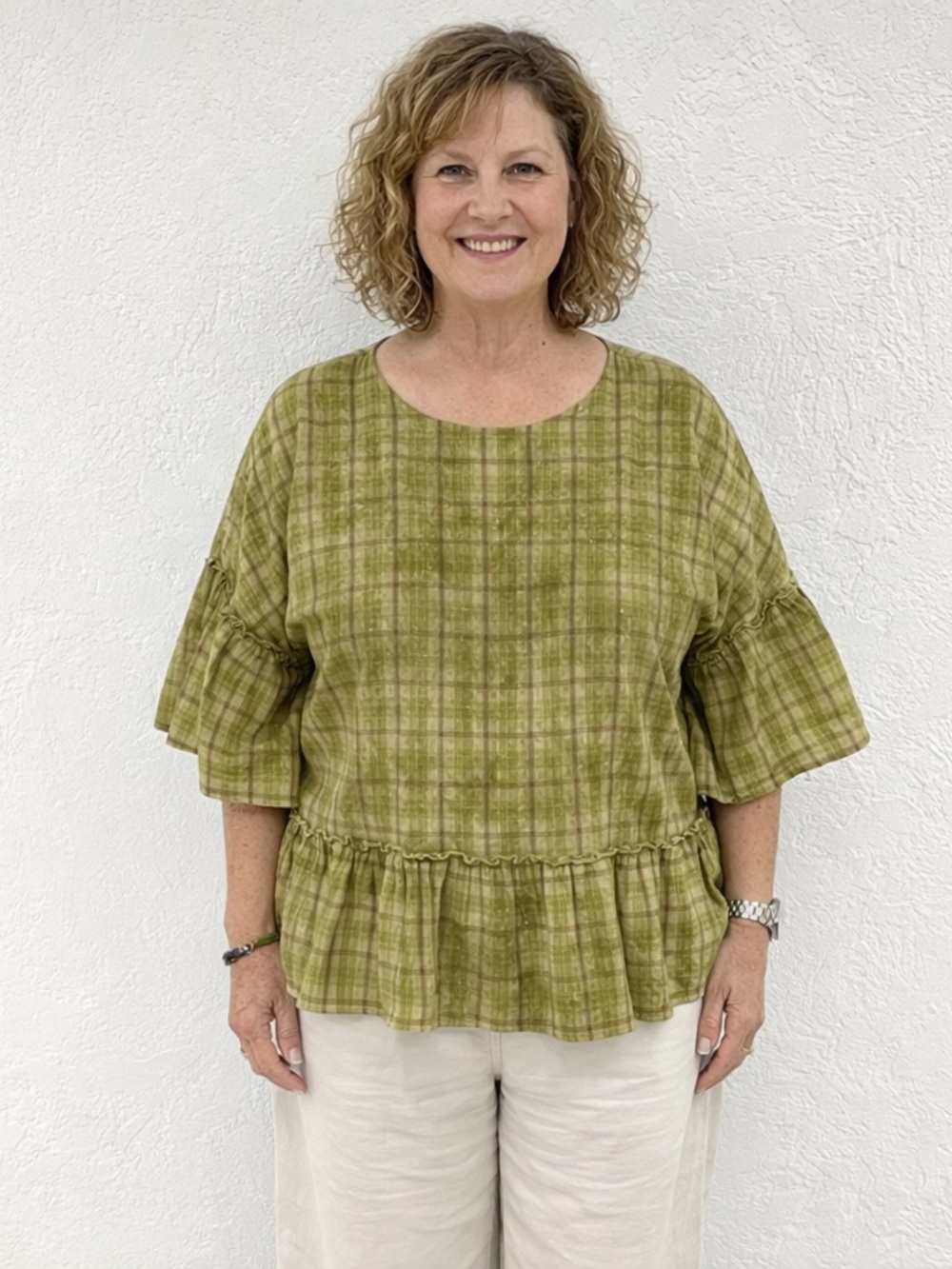 easel Olive Green Plaid Ruffle Hem Blouse